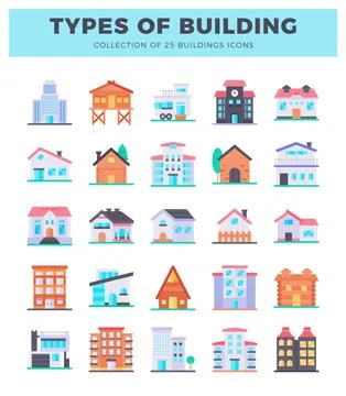 Flat building icons in various architectural styles on a white background. .. Ilustración de archivo