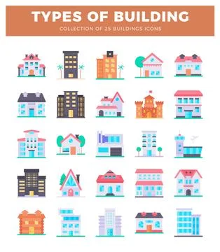 Flat building icons in various architectural styles on a white background. Ilustración de archivo