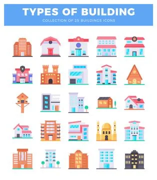 A flat building icons in various architectural styles and colors on a white.. Ilustração Stock