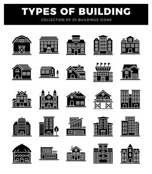 A flat building icons with various architectural styles on a white background Ilustración de archivo