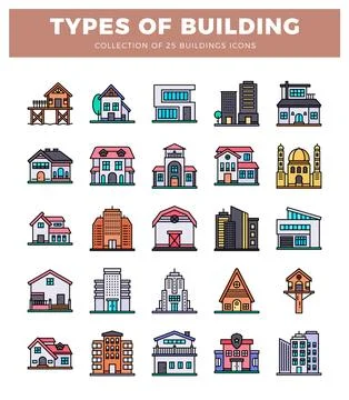 Flat building icons in various styles. showing different architectural design Ilustración de archivo