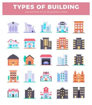 Flat building icons in various styles and colors on a white background. Ilustración de archivo