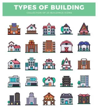 Flat building icons in various styles. presented on a white background. Stockillustratie