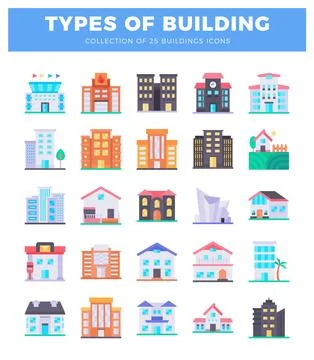 Flat building icons in various styles. colors. and sizes. This infographic-.. Stock Illustration