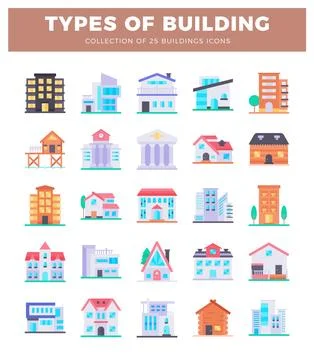 Flat building icons in various styles and colors on a white background. Ilustración de archivo