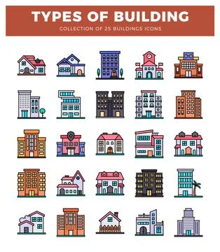 Flat building icons in various styles and colors. Diverse residential and c.. Ilustración de archivo