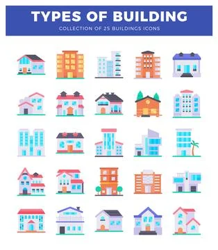 Flat building icons in various styles and colors against a white background. Ilustración de archivo