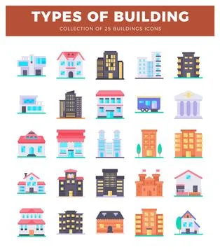 Flat building icons in various styles and colors on a white background. Ilustración de archivo