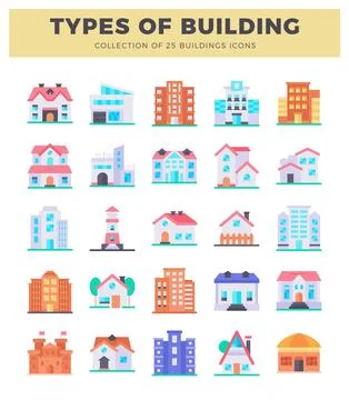 Flat building icons in vibrant colors on a white background. Ilustración de archivo