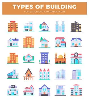 Flat building icons on a white background. Ilustración de archivo