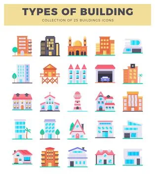 Flat building icons on white background. showing various architectural styles Ilustración de archivo