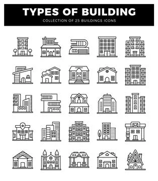 Flat building icons on a white background. Ilustración de archivo
