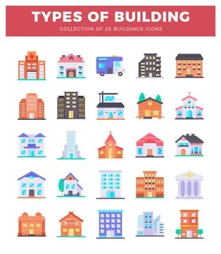 Flat building icons on a white background. Ilustración de archivo