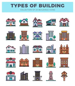 Flat building icons in a white background grid Ilustración de archivo