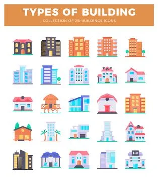 Flat building icons on a white background in a grid format. Stock Illustration