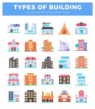 Flat building icons on white background. diverse architectural styles displ.. Ilustración de archivo