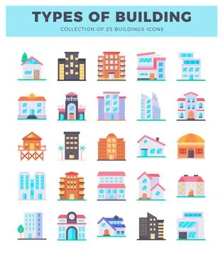 Flat building icons on a white background with title. Ilustración de archivo