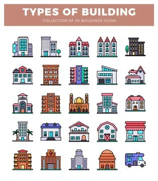 Flat building icons on white background. Stock Illustration