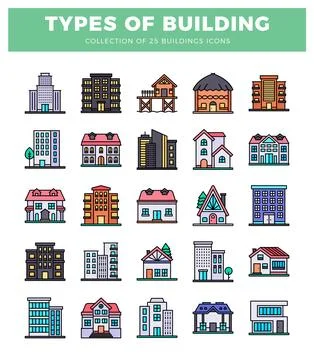 Flat building icons on a white background. representing diverse architectur.. Ilustración de archivo