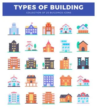 Flat building icons on a white background. representing various architectur.. Ilustración de archivo