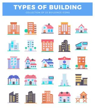 Flat building icons on white background with text Ilustración de archivo