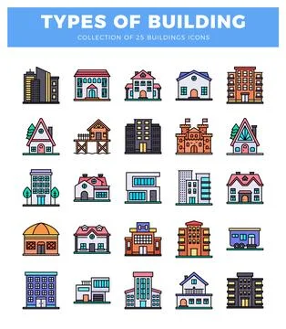 Flat building icons on white background. modern architecture styles.  diver.. Ilustración de archivo
