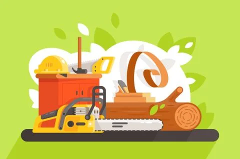 Flat building tool with chainsaw, saw, bar, hammer and hard hat. Stock Illustration