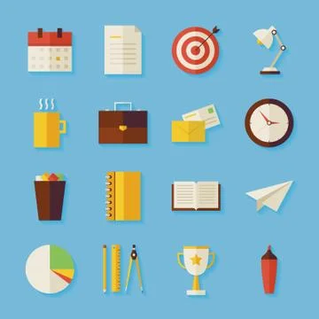 Flat Business and Office Objects Set with Shadow Stock Illustration