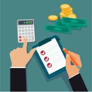 Flat business hands checking board and calculated cost vector Stock Illustration