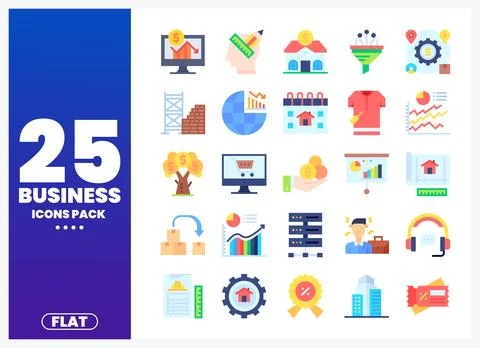 Flat business icons pack with essential graphic elements for website design. Stock Illustration