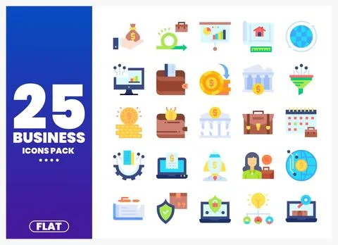 Flat business icons pack featuring finance. growth. and technology symbols .. Stock Illustration