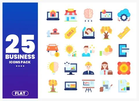 Flat business icons pack on white background with purple sidebar featuring .. Stock Illustration