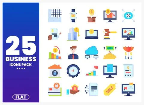 Flat business icons set. including charts. graphs. buildings. and money. Ilustração Stock
