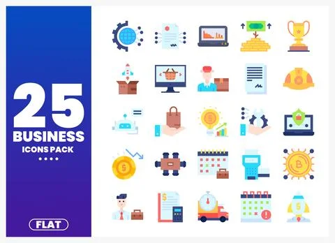 Flat business icons on white background in a 5x5 grid with a blue gradient .. Illustrazione stock
