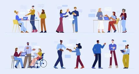 Flat business teamwork, office workers take part in meeting or work negotiating Stock Illustration