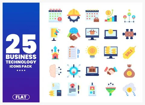 Flat business technology icons collection on white background with blue text Stock Illustration