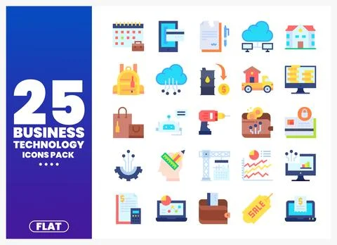 Flat business technology icons displayed on a white background Stock Illustration