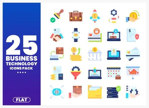 Flat Business Technology Icons Pack on White Background 스톡 일러스트