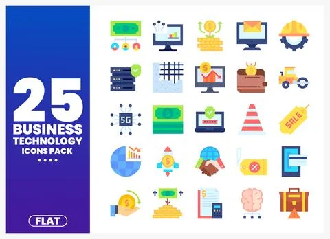 Flat business technology icons pack presented on a gradient background Stock Illustration