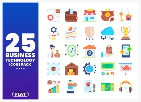 Flat business technology icons pack on blue background 库存插图