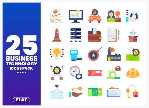 Flat Business Technology Icons Pack with various symbols Stock Illustration