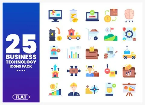 Flat business technology icons pack with illustrations Stock Illustration