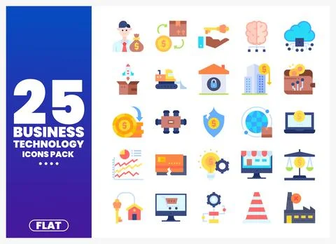 Flat business technology icons pack for marketing and finance Stock Illustration