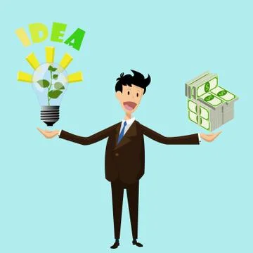 Flat businessman keep in hands lamp with growing sprout idea and money 스톡 일러스트