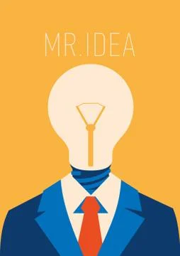 Flat businessman with light bulb instead head, idea concept Stock Illustration