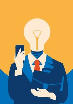 Flat businessman with light bulb instead head, idea concept Stock Illustration