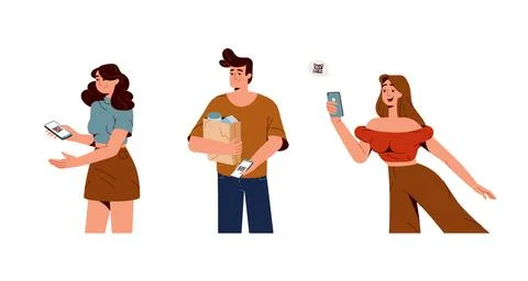 Flat buyers scanning QR code for cashless payment Illustrazione stock