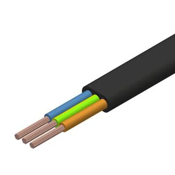 Flat cable with three insulated copper conductors, vector illustration. Stock Illustration