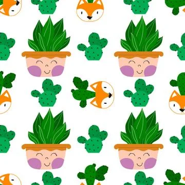 Flat cacti houseplant background. Seamless pattern. Cactus fabric pattern, cu Stock Illustration