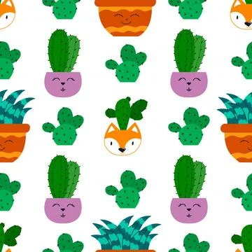 Flat cacti houseplant background. Seamless pattern. Cactus fabric pattern, cu Stock Illustration